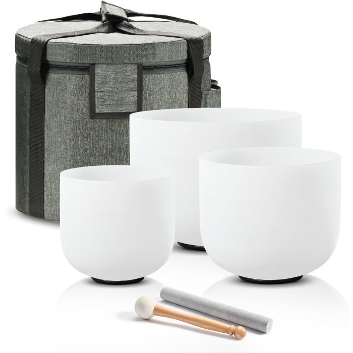 Set de Cuencos Tibetanos de Cristal de Cuarzo Chakra 3 Pzs