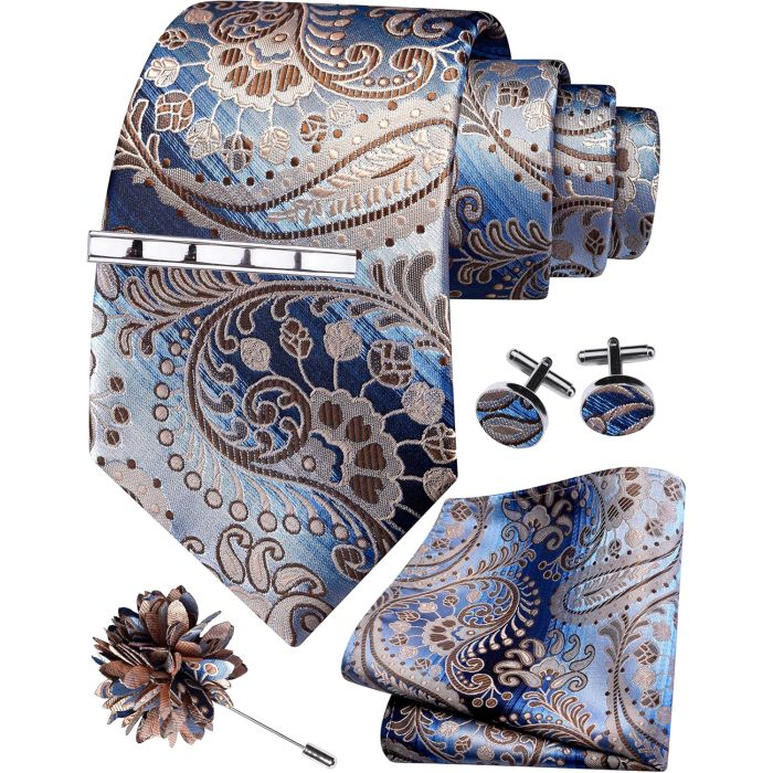 GUSLESON Set de Corbata con Pañuelo Clip Gemelos y Alfiler en Caja de Regalo