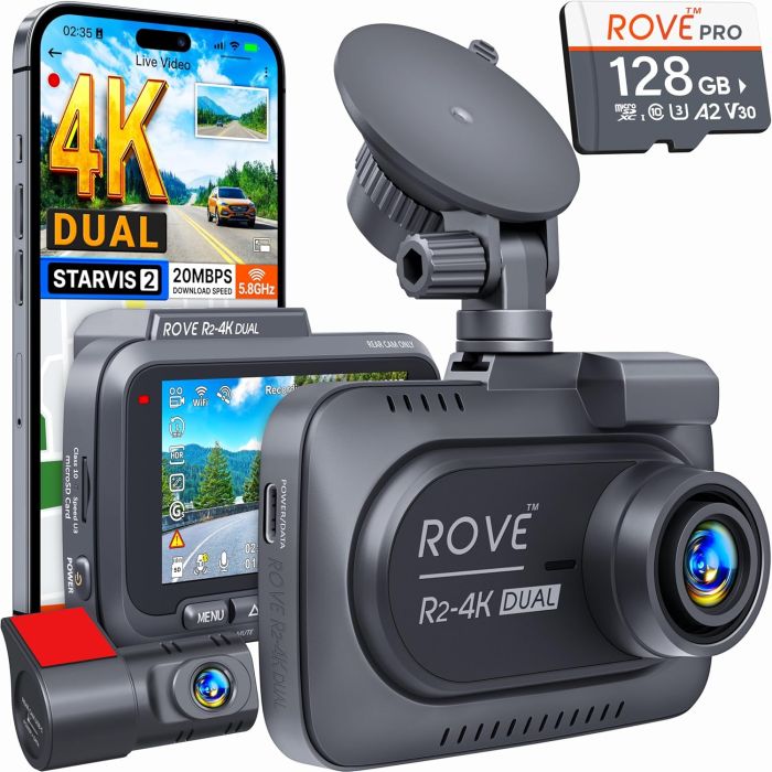 Cámara dash ROVE R2-4K DUAL, WiFi 5G, GPS, 128GB incluido, 3" IPS