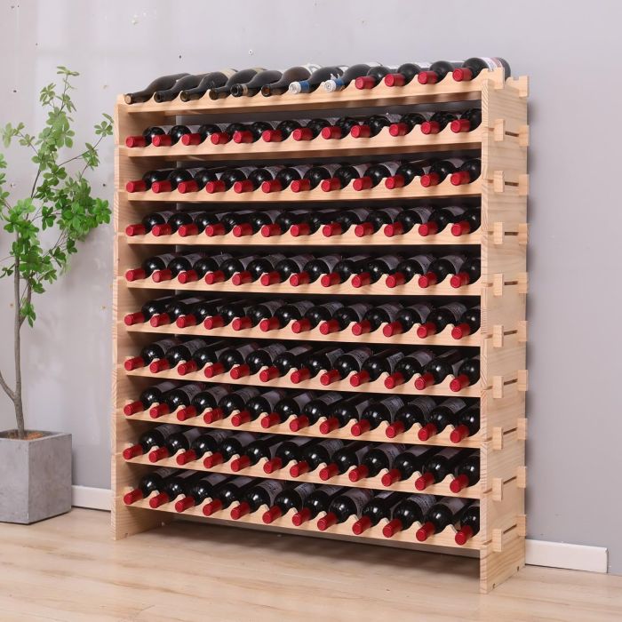 Estante para Vinos de Pino Apilable para 120 Botellas, Estilo Retro