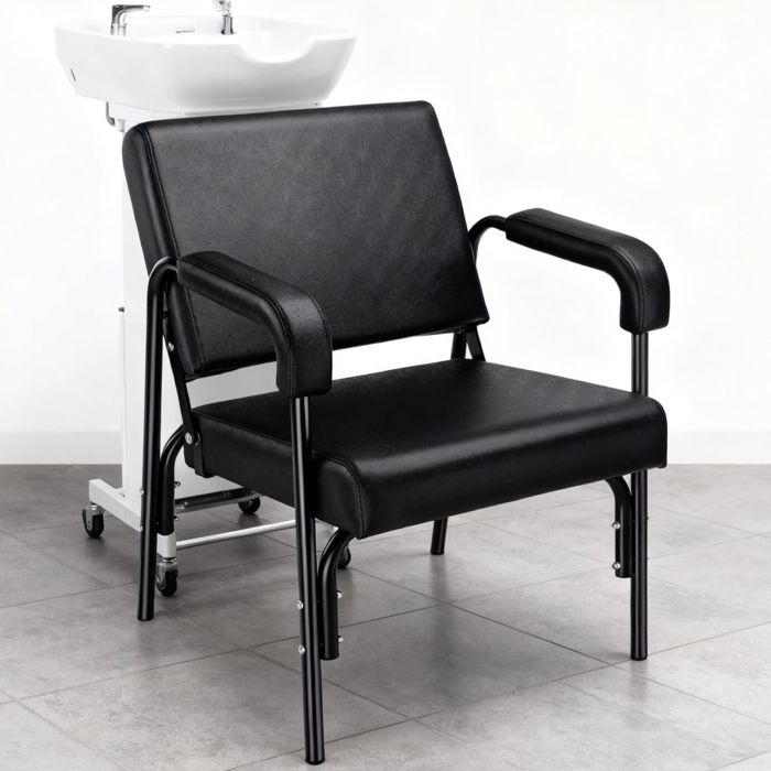 Silla de lavado para salón con espaldar reclinable y cojines gruesos