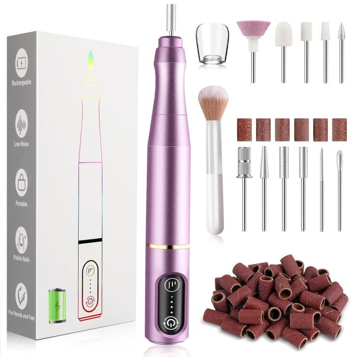 TUOBEO Taladro de Uñas Inalámbrico Recargable, Kit de Manicura y Pedicura, 11 Brocas, 56 Bandas, Púrpura