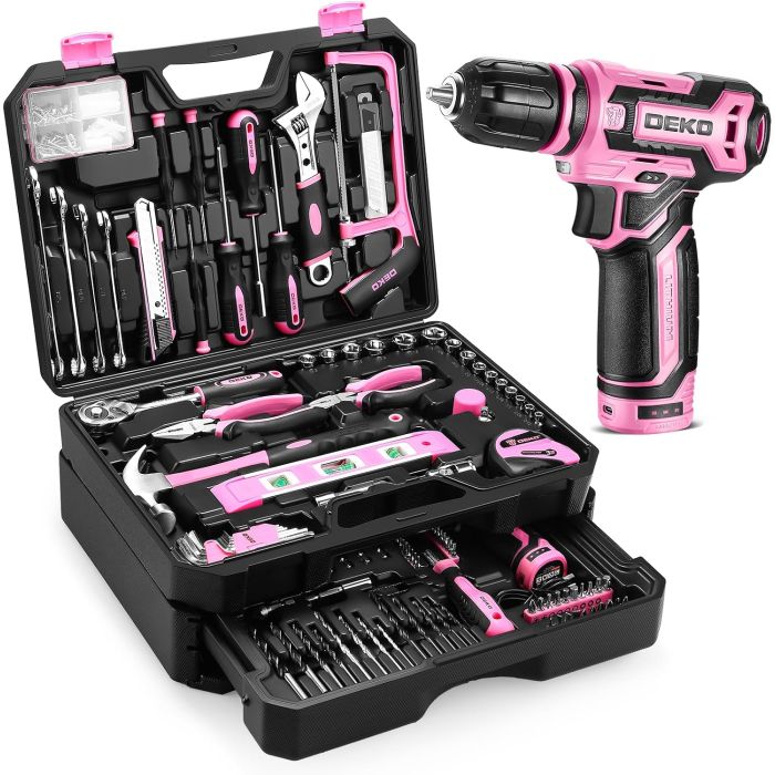 Kit de Herramientas Rosa DEKOPRO con Taladro Inalámbrico 12V, 238 Piezas