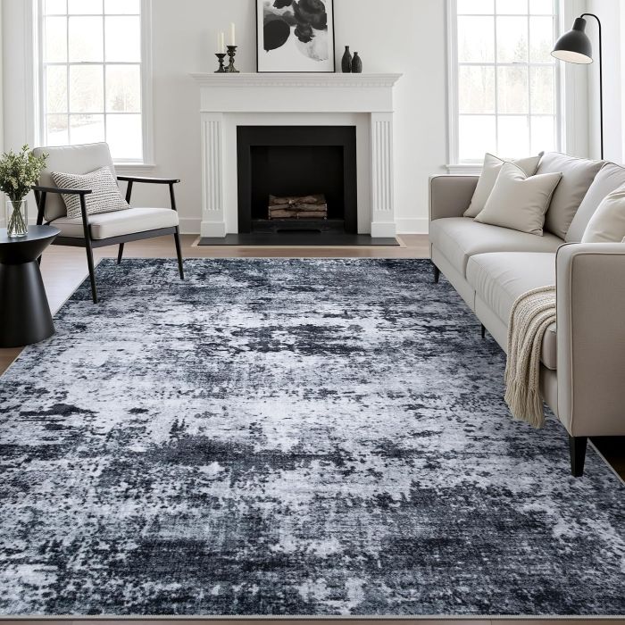 Tapete Decorativo 5x7 Antideslizante Lavable Moderno Abstracto Negro