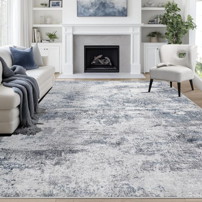 Alfombra 8x10 para sala de estar lavable no deslizante moderna azul gris