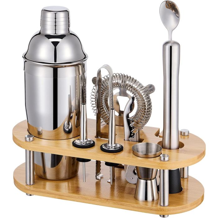 Set de Coctelera Bartender Kit 11 Piezas con Stand de Bambú