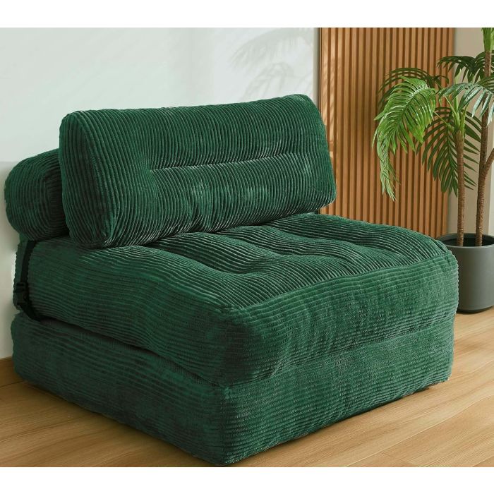 Kisoy Folding Sofa Bed, Convertible Sleeper Chair Couch Bed Faux Rabbit Fur for Adults, with Back Support Floor Couch Comfy Floor Sofa for Living Room Bedroom, Dark Green, Single