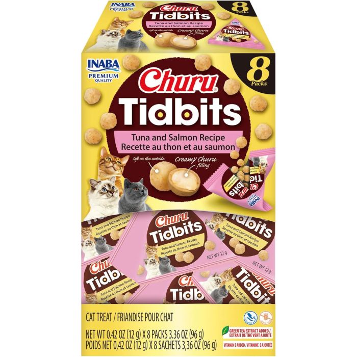 INABA Churu Tidbits para Gatos, Bocaditos Rellenos, Sabor Atún y Salmón, 8 Paquetes