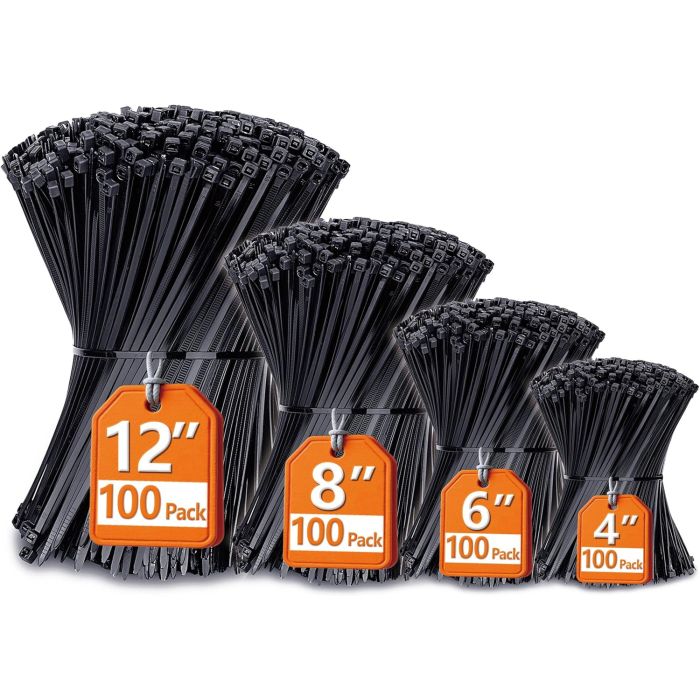 Ataduras de cables negras surtidas 4-12 pulg 400 unidades