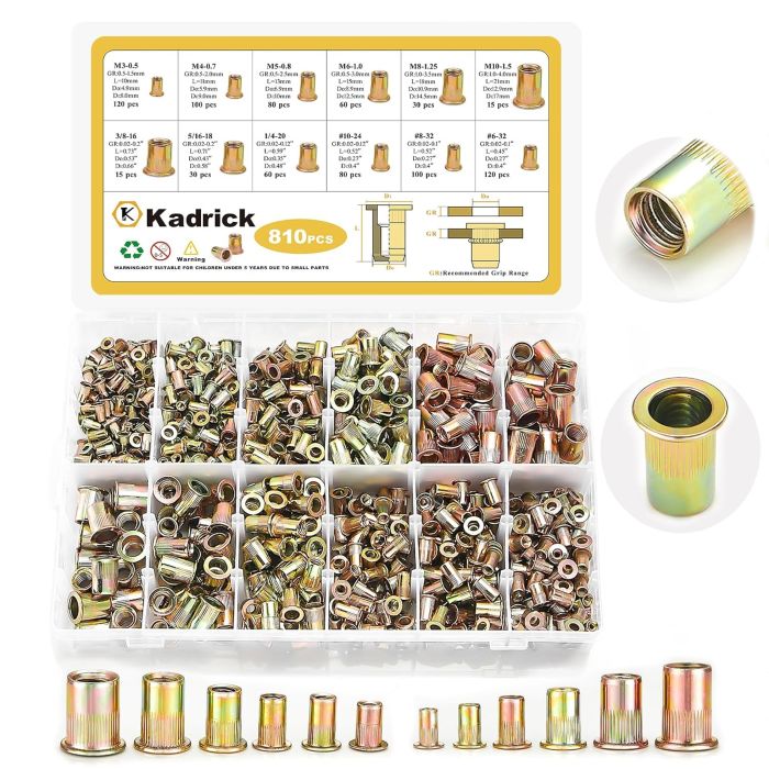 Kit de tuercas de remache, 810 piezas, SAE y métrico, acero al carbono