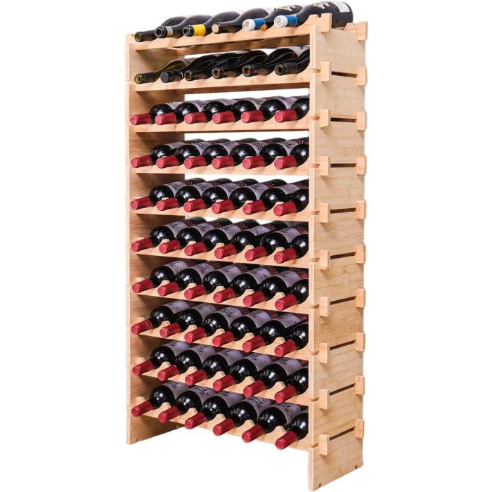 Estante para Vino de Bambú Apilable, 60 Botellas, 10 Niveles, Piso