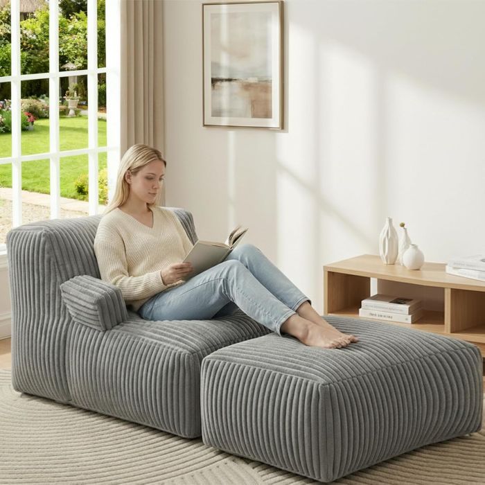 Sillón Puff MaxiBean Grande con Espuma de Memoria, Gris Rayado