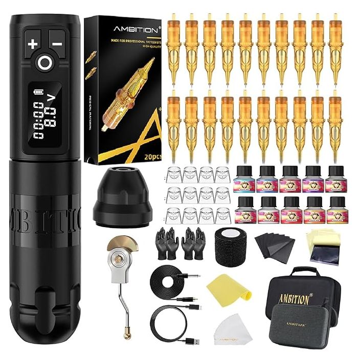 Kit Máquina Tatuar Rotativa Ambition Soldier con Agujas y Pi
