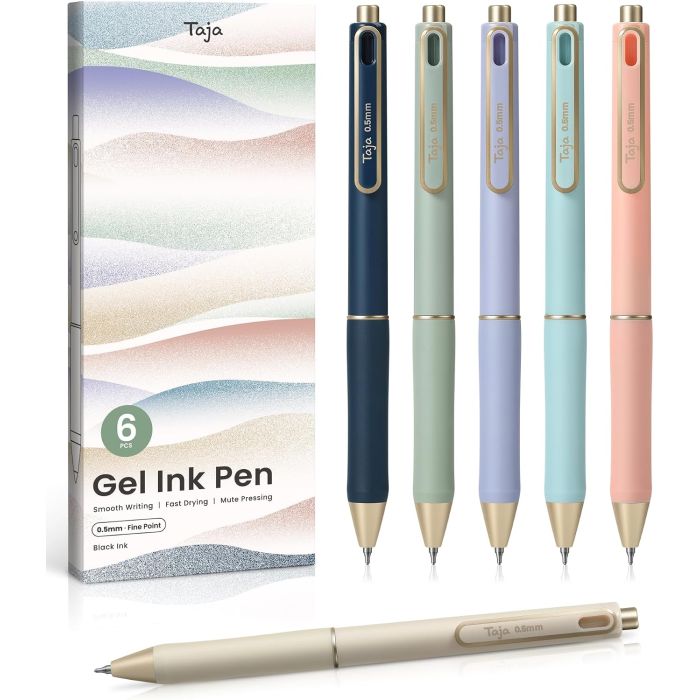 Taja Gel Pens, 6 piezas, Tinta Negra, 0.5mm, Punta Fina, Pastel