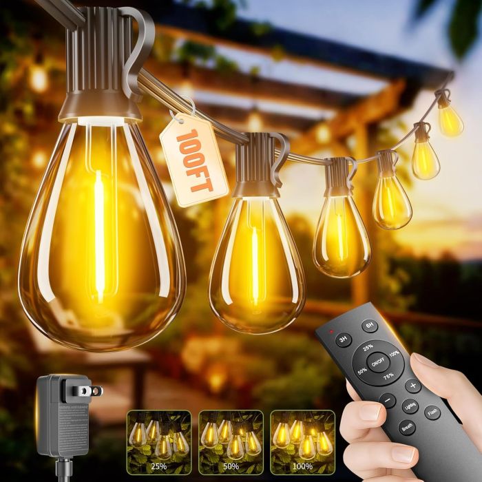 100FT Luces de Cadena LED Exterior con Control Remoto, 35+1 Bombillos S11
