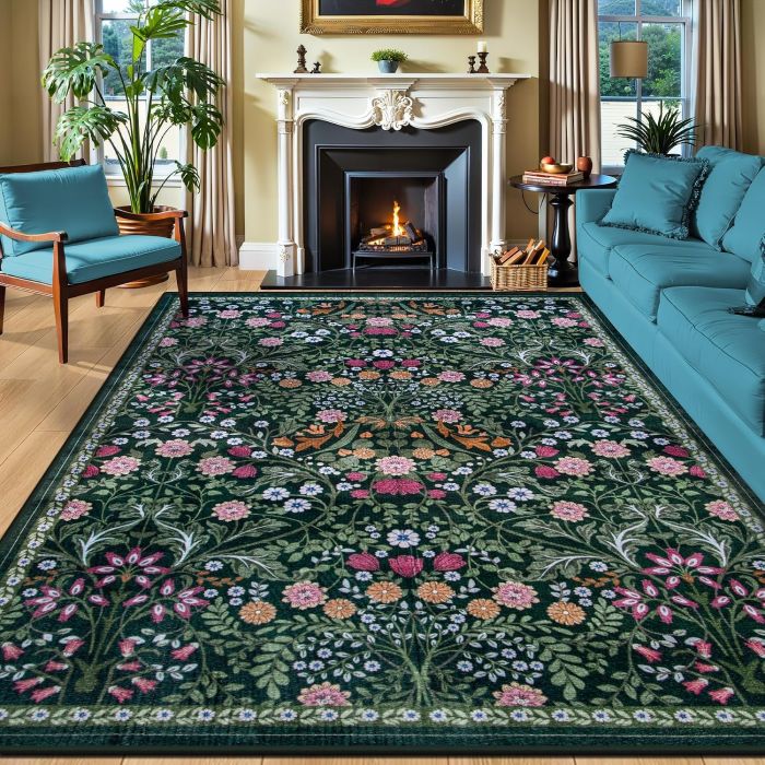 Alfombra 8x10 para Sala, Lavable, Vintage, Antideslizante, Verde Oscuro