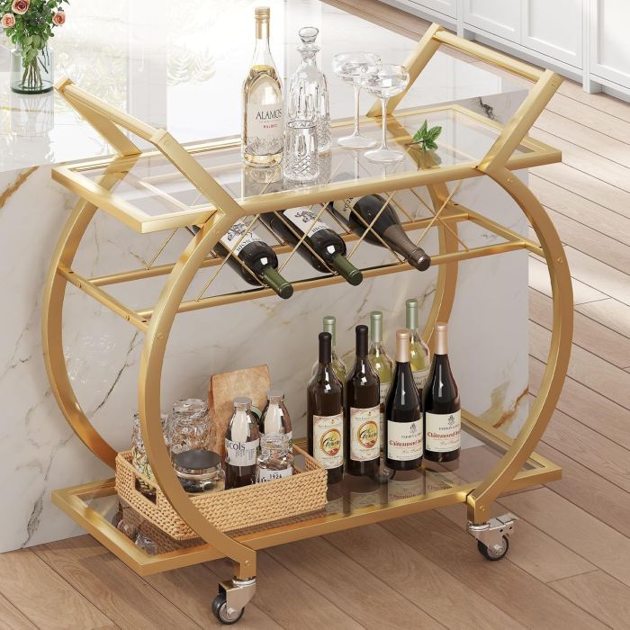 Carro Bar Gold con Ruedas y Estantes de Vidrio LVB