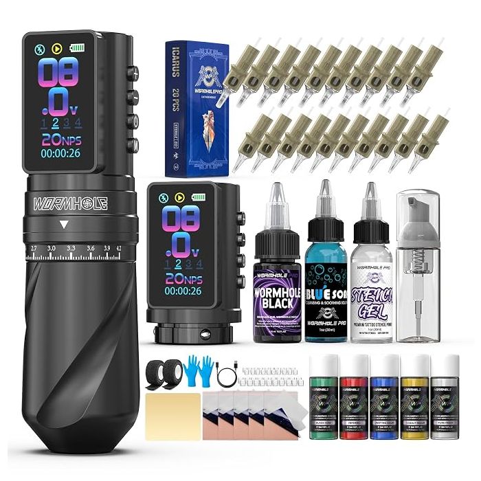 Kit Máquina Tatuar Rotativa WTK403 7 Ajustes Batería Dual