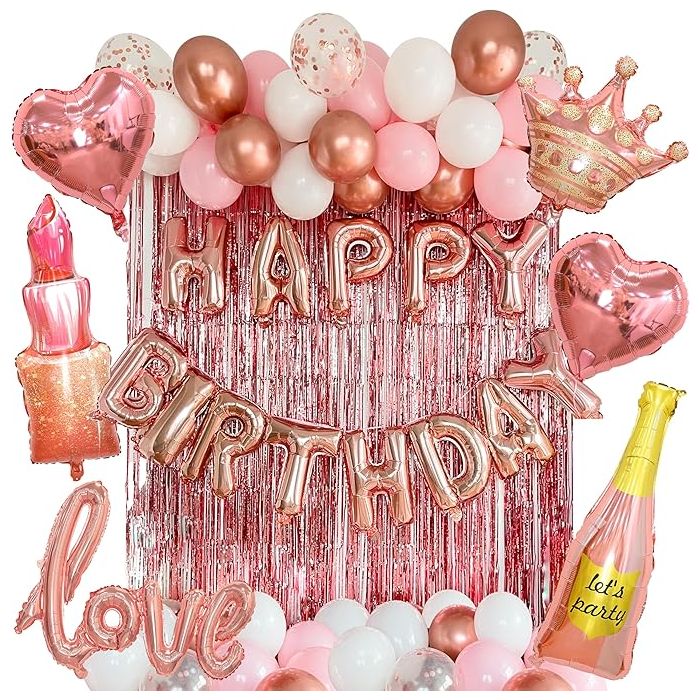 Kit Decoración Fiesta Rose Gold 71 Piezas Globos Cortina