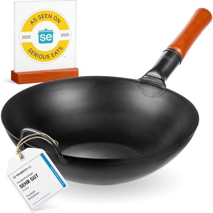 Wok de acero al carbono YOSUKATA 13.5" pretemplado