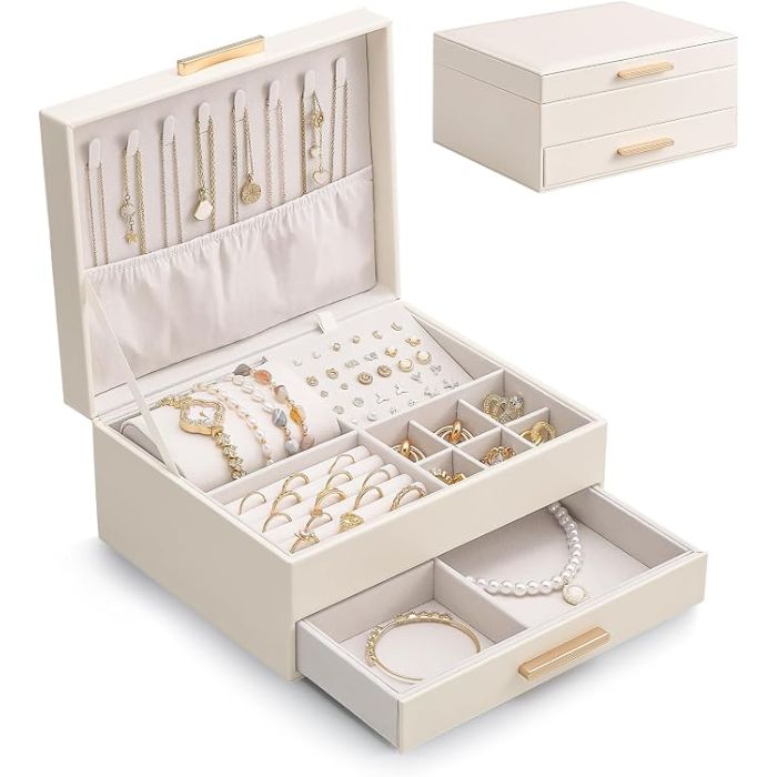 Caja Organizadora de Joyería 2 Cajones Cuero Terciopelo Beig