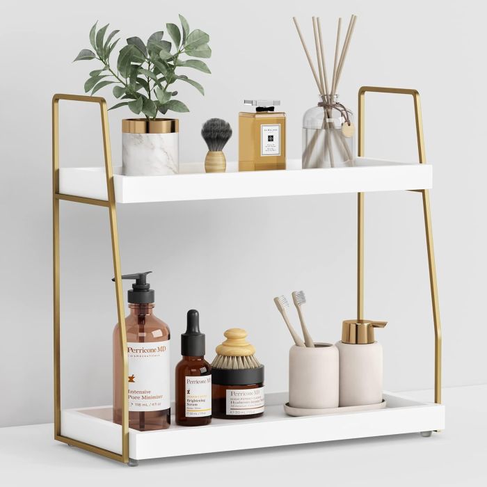 Organizador de Baño Forbena, Estante de Madera con 2 Niveles, Blanco y Dorado