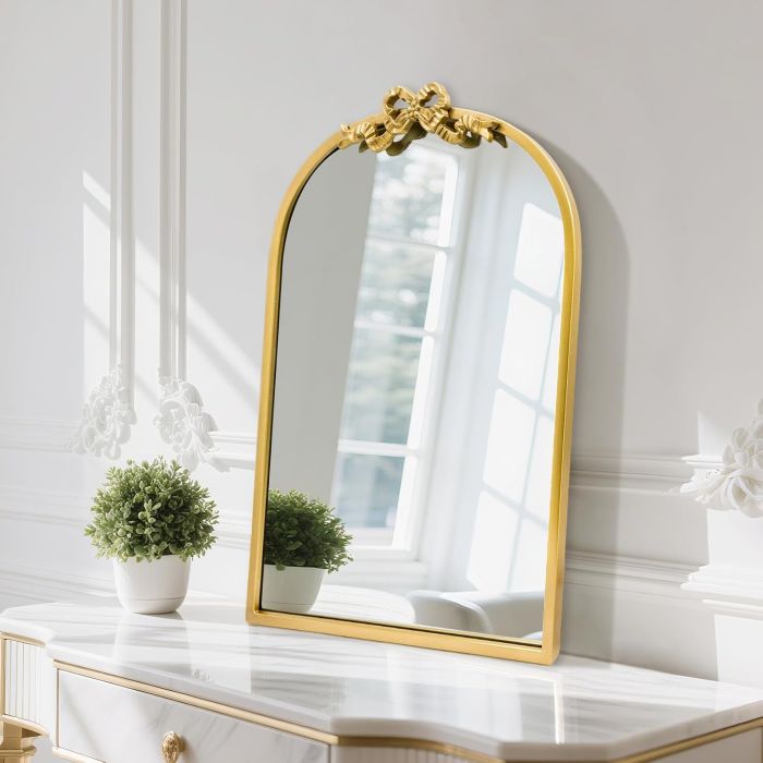 Espejo vintage arqueado con lazo dorado, 68.58 x 48.26 cm, marco de metal