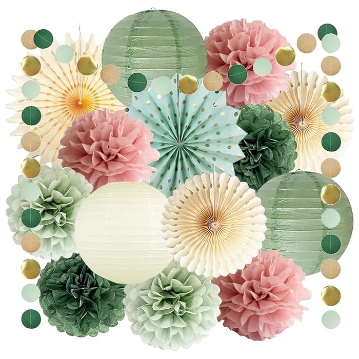 Kit Decoracion Fiesta Verde Salvia Rosa Polvo 14 Piezas
