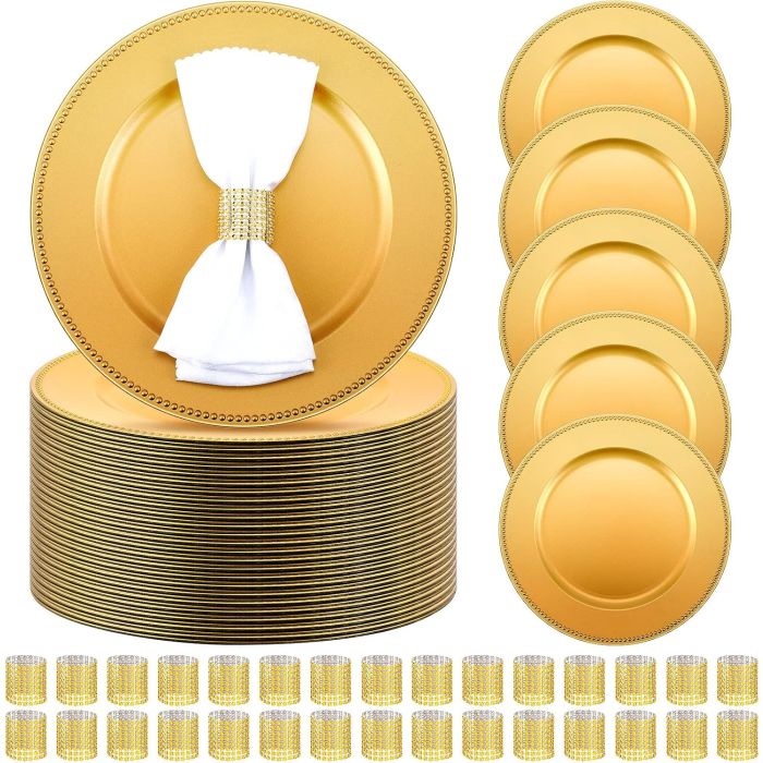 Juego de 100 Platos Cargadores Dorados con Anillos para Servilletas