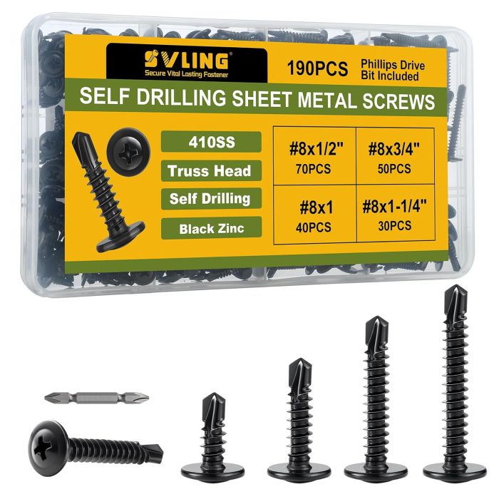 Kit de Tornillos Autoperforantes 190PCS, Cabeza Truss Modificada, Acero Inoxidable 410