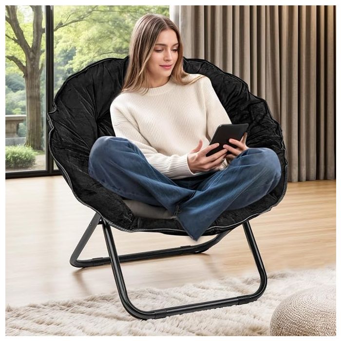 Sillón Plegable Redondo Peluche Negro