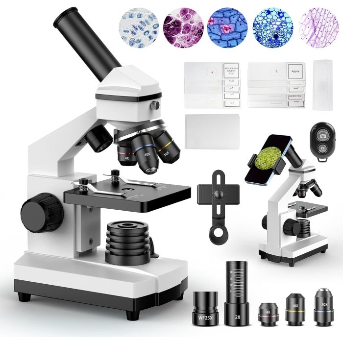 Microscopio compuesto 100X-2000X con kit y adaptador celular