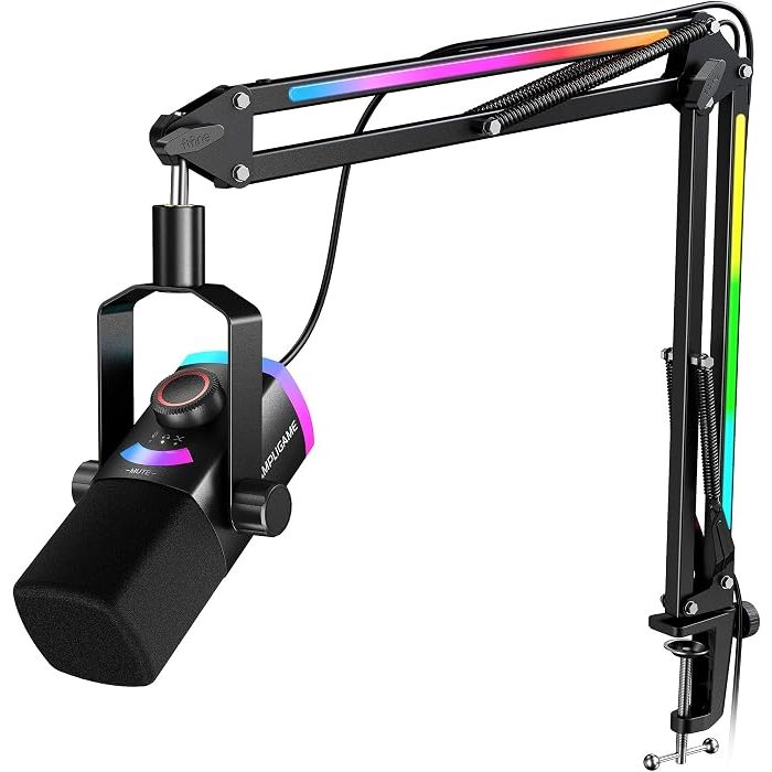 Micrófono Dinámico USB/XLR con Brazo RGB y Control de Mezcla