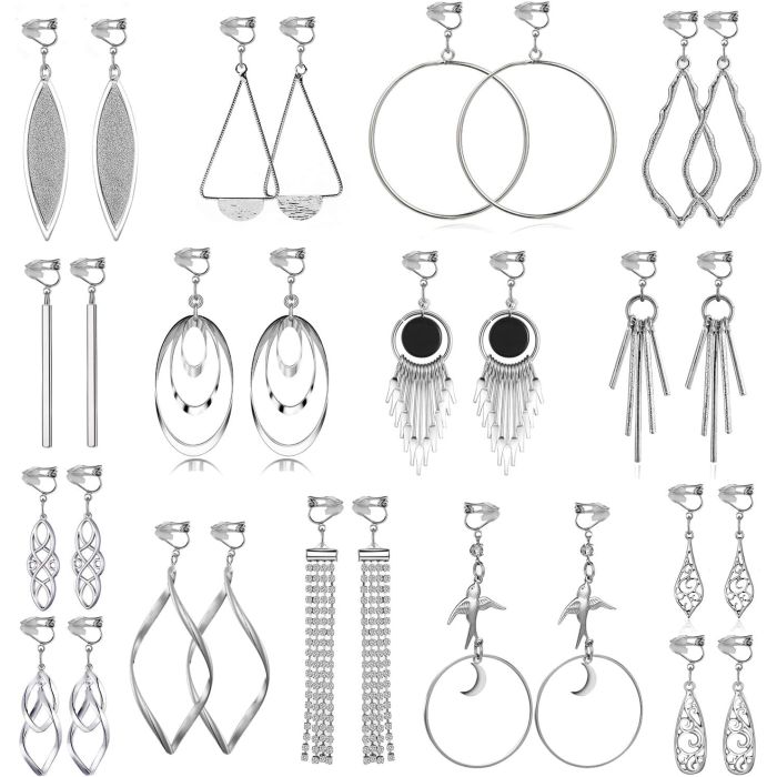 15 Pares de Aretes Clip-On de Plata para Mujer, Ligeros y Modernos