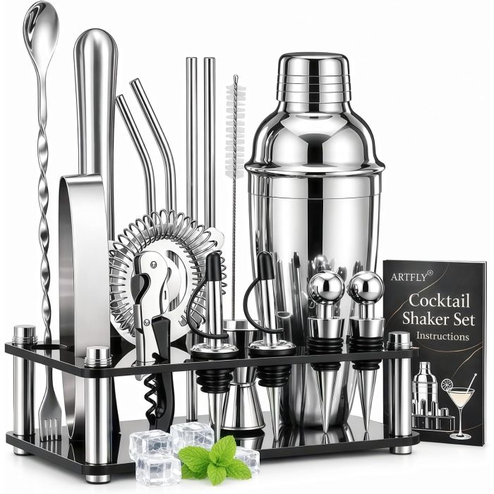 Set de Coctelera de 18 Piezas, Kit de Bartender con Stand de Acrílico