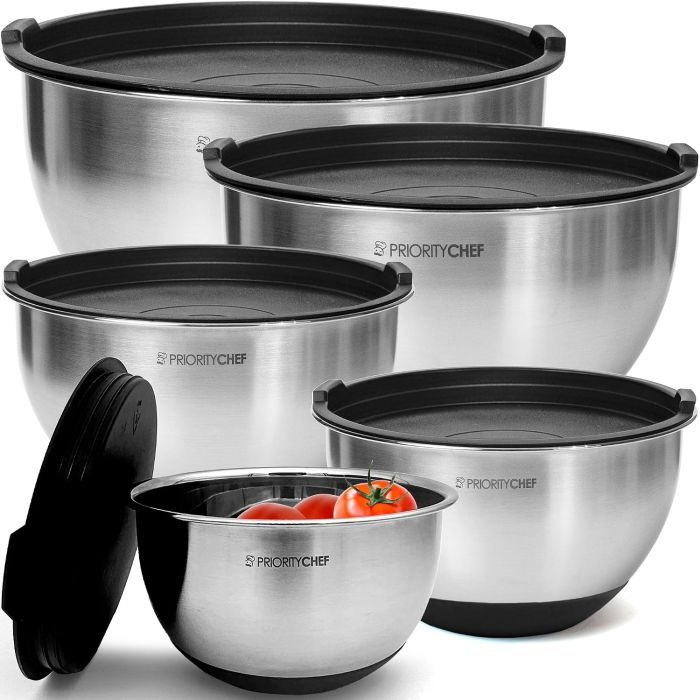 Set de 5 Tazones de Mezcla de Acero Inoxidable con Tapas, 1.5-5 Qt, Negro