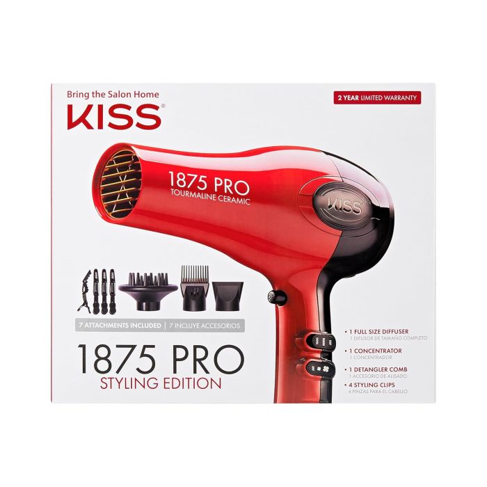 Secador de cabello Kiss 1875W rojo con 7 accesorios