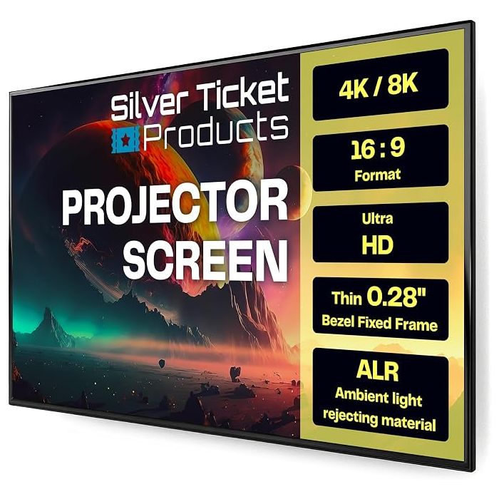 Silver Ticket Products S7 Series 6 Piece Thin Bezel Home Theater Fixed Frame 4K, 8K Ultra HD, HDTV, HDR, Active 3D Projection Screen, 16:9 Format, 120" Diagonal, UST ECLIPSE Material S7-169120-ECLIPSE