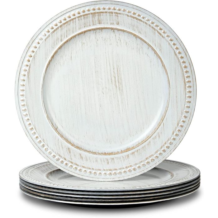 Platos de Carga Vintage 13" Juego de 6 Blancos con Abalorios
