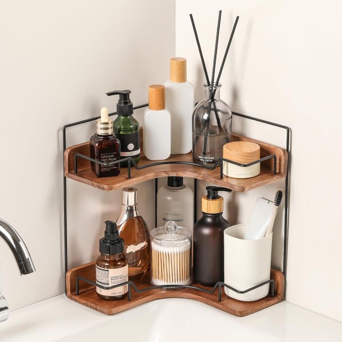Organizador de Esquina para Baño 2 Niveles, Estante de Madera para Vanity
