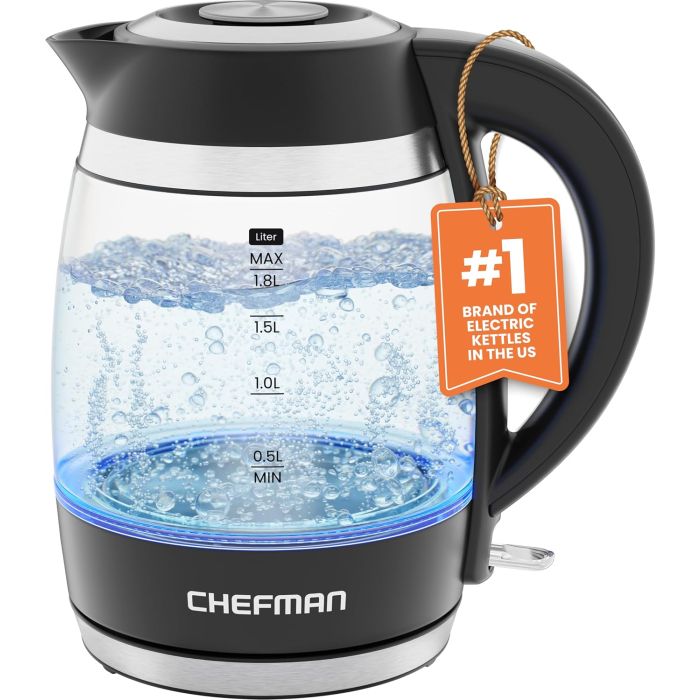 Tetera Eléctrica Chefman 1.8L 1500W, Vidrio Borosilicato