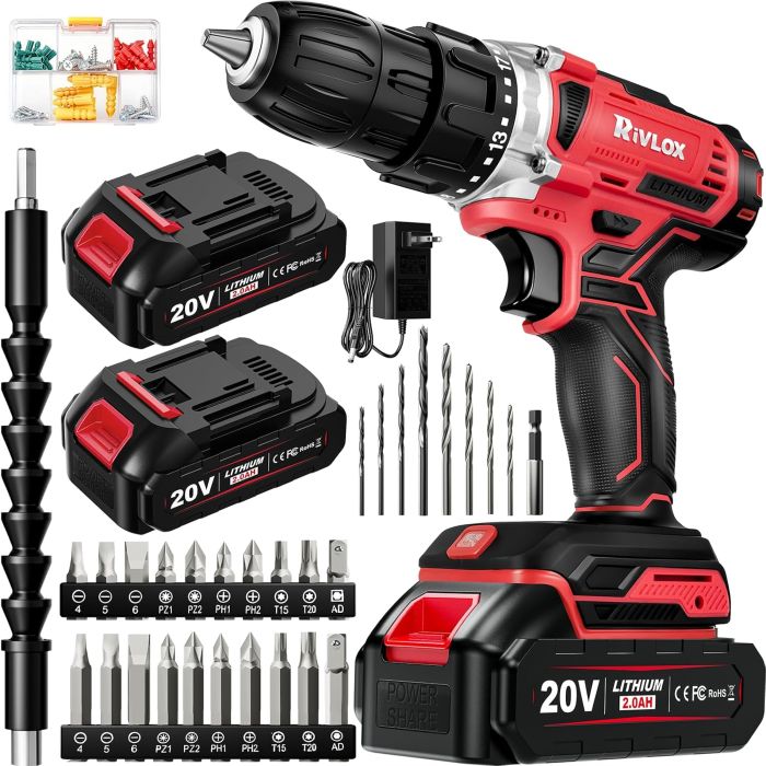 Taladro Atornillador Inalámbrico Rivlox 20V con 2 Baterías y 34 Accesorios