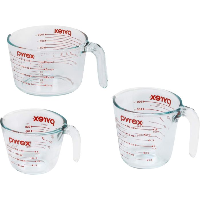 Pyrex Juego de 3 Vasos Medidores de Vidrio (1, 2 y 4 Tazas)
