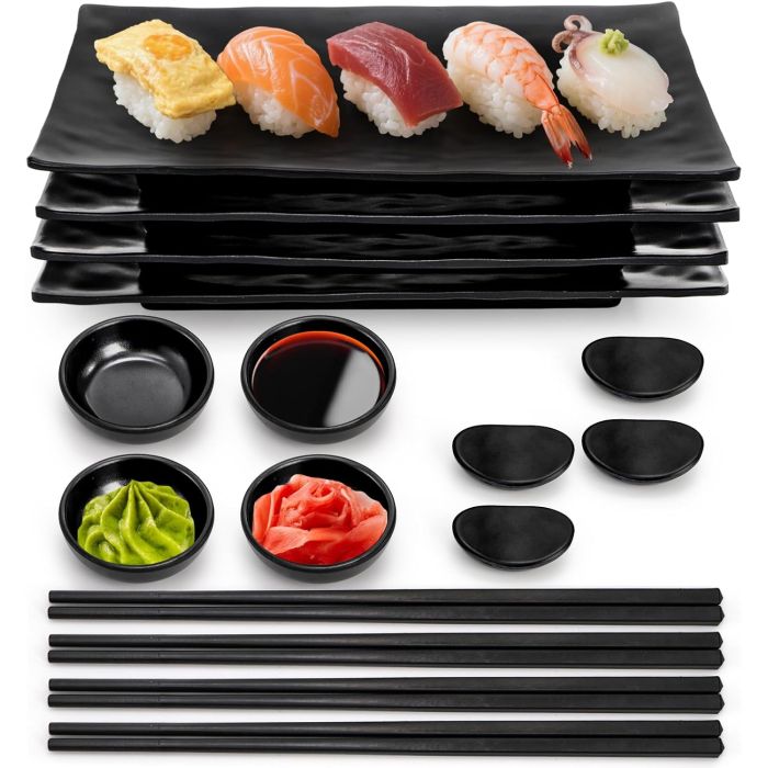 Set de 16 Platos de Sushi de Melamina, Vajilla Japonesa con 4 Bandejas