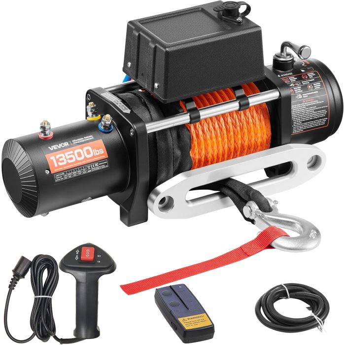 VEVOR Cabrestante Eléctrico 13500 lb 12V DC 3/8 in x 80 ft Cuerda Sintética Control Remoto