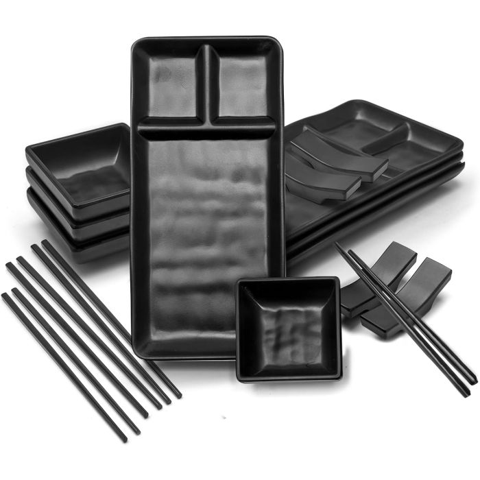 Sushi Serving Set, con 4 Platos, 4 Salseros, 4 Pares de Palillos y 4 Posapalillos - Melamina Negro