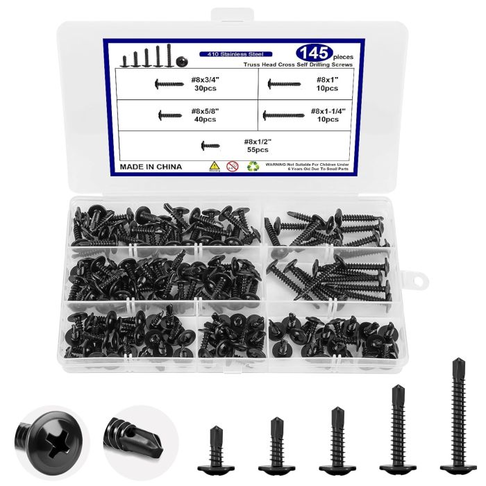 145 Tornillos Autorroscantes de Acero Inoxidable #8, Cabeza Truss