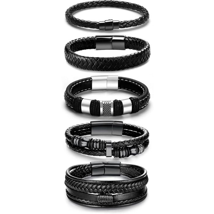 Pulseras de Cuero Negro para Hombre y Mujer Set de 5