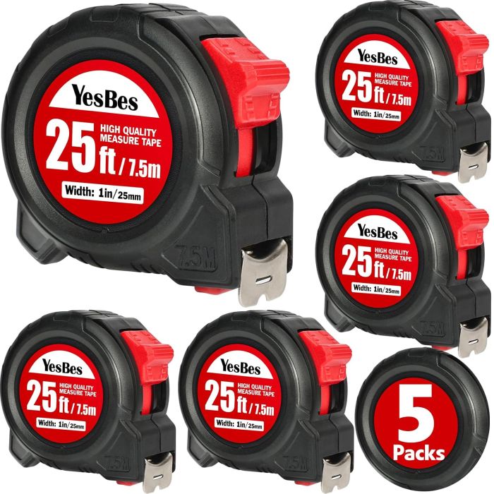 Cinta Métrica 25 pies, 5 Pack, Retráctil, Auto-Bloqueo, ABS y Acero