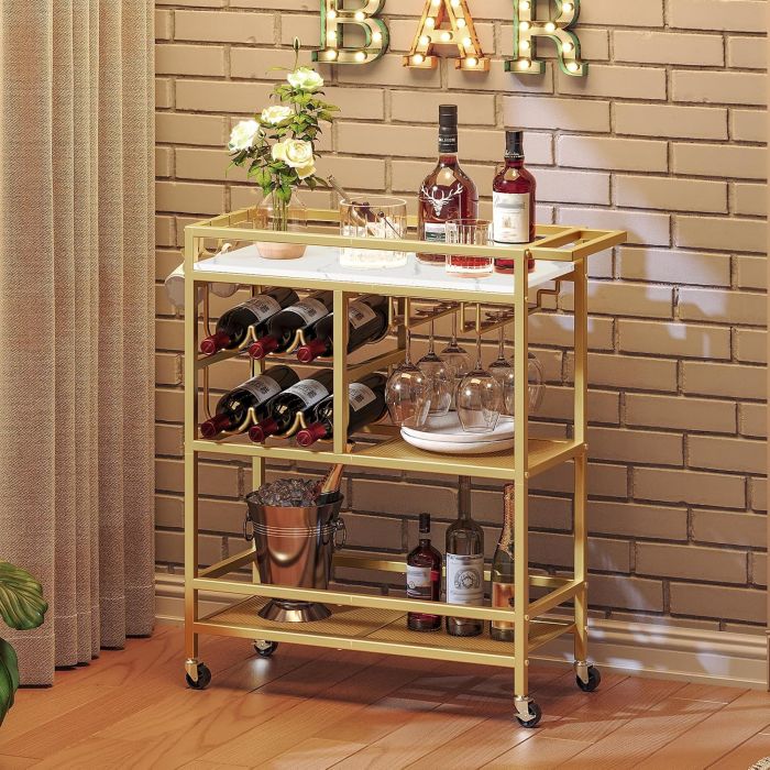 Carro Bar MAHANCRIS, 3 Niveles con Ruedas, Soporte Vinos y Portavasos, Blanco y Dorado